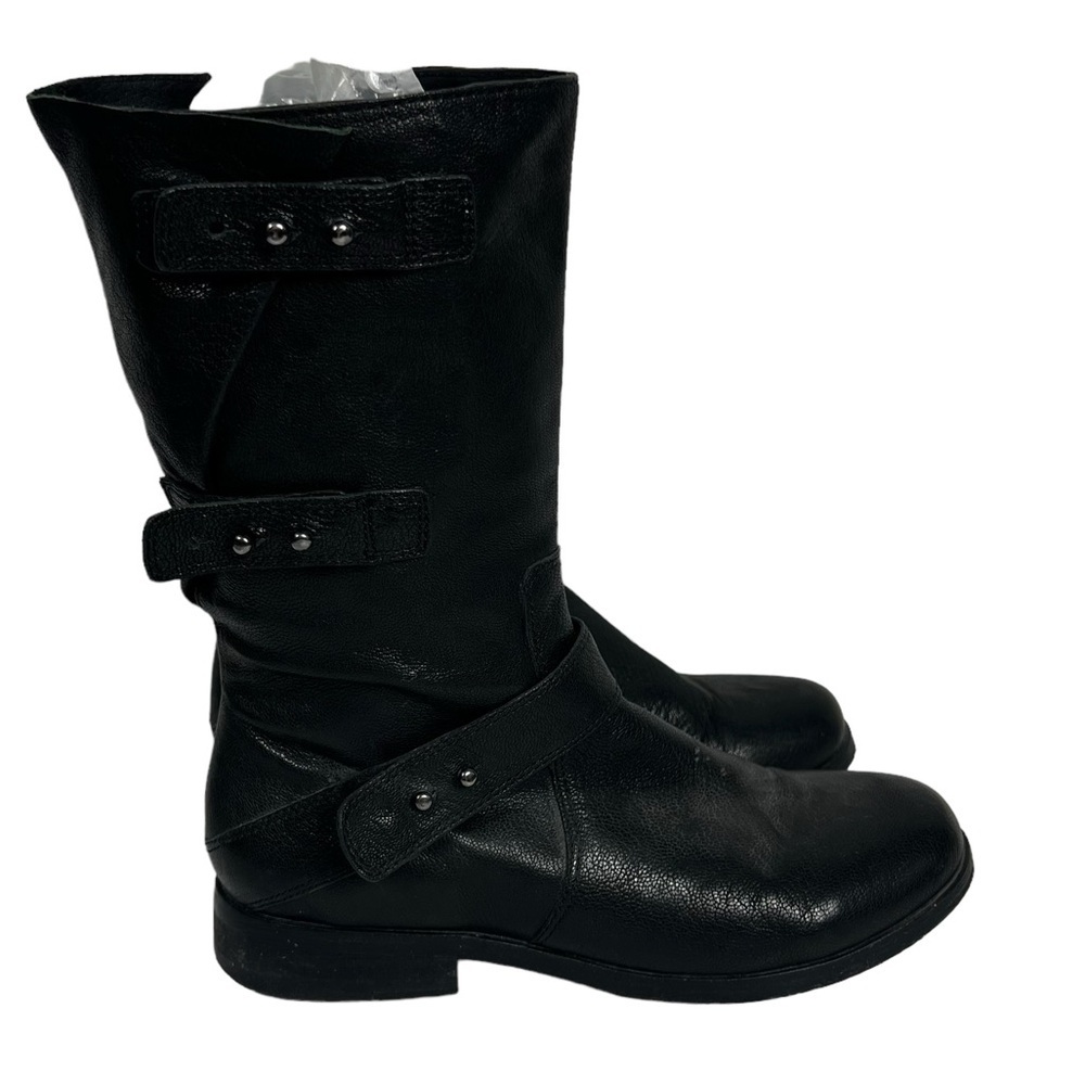 EILEEN FISHER Black Leather Moto Boots with Straps and Side Zips Size 7